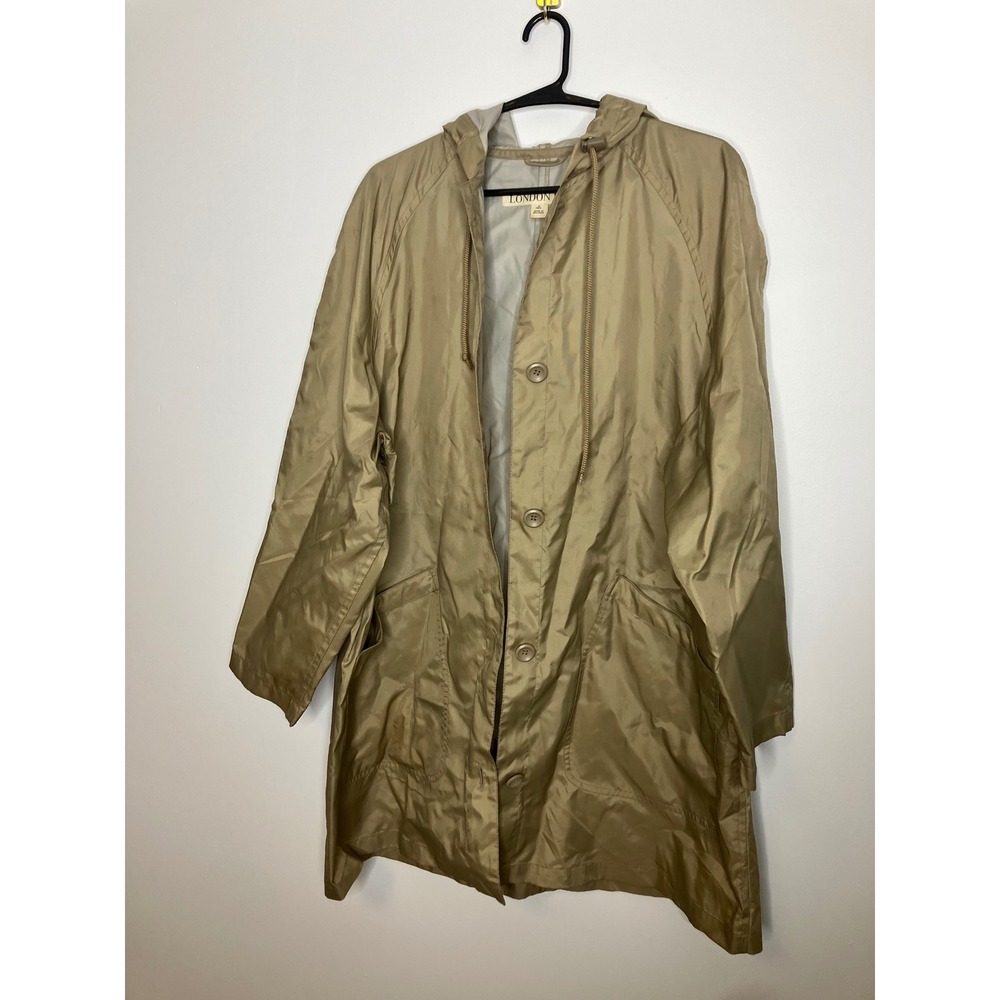 London Fog Raincoat Jacket Mens M Tan Excellent Hooded Button Front Lightweight